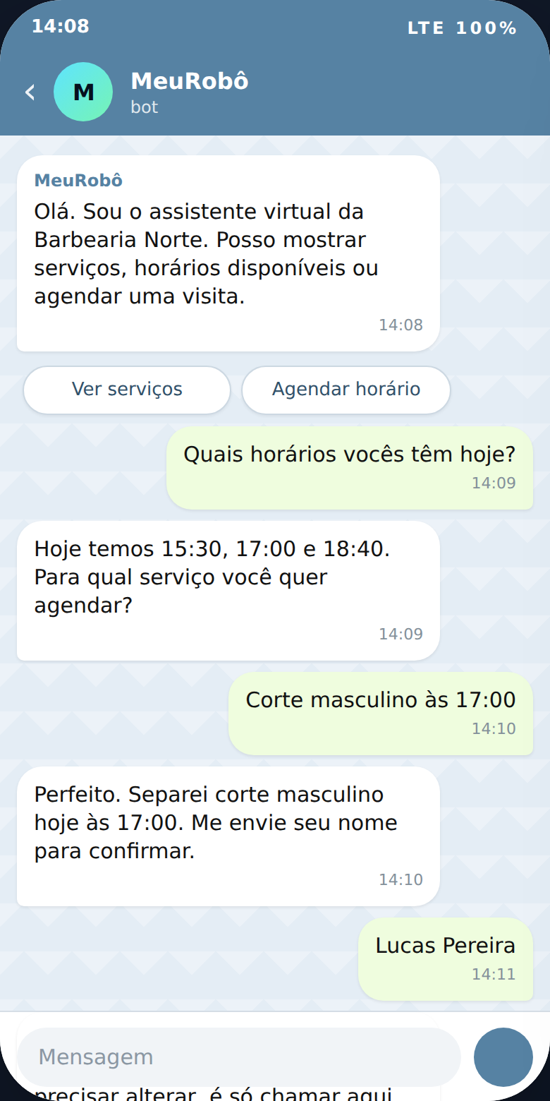 Exemplo de uma conversa em que o MeuRobô organiza um agendamento